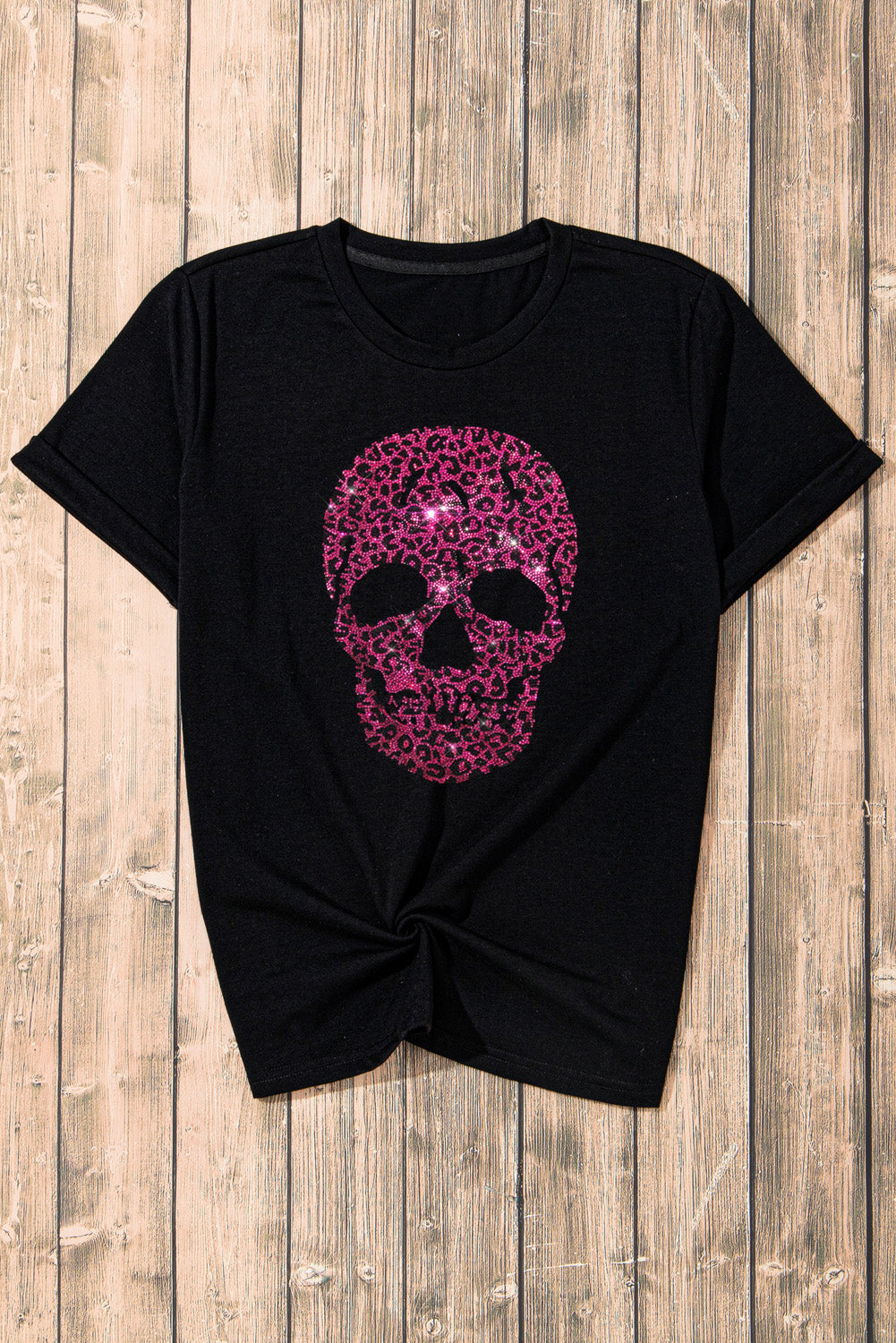 Black Rhinestone Leopard Skull Graphic Crewneck Casual T Shirt Graphic Tees JT's Designer Fashion