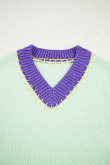 Green Stitched V Neck Color Block Knitted Drop Shoulder Sweater Sweaters JT's Designer Fashion