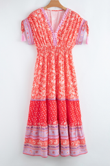 Red Floral Print Tasseled Tied Sleeve Empire Waist Maxi Dress Floral Dresses JT's Designer Fashion