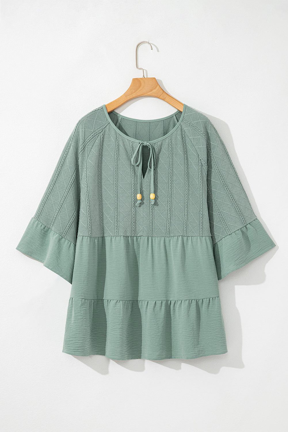 Laurel Green Tie Split Neck Textured Ruffle Patchwork Blouse Blouses & Shirts JT's Designer Fashion