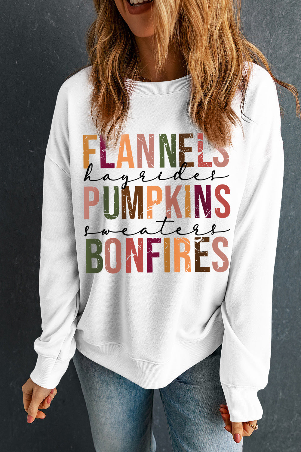 Beige FLANNELS PUMPKINS BONFIRES Graphic Drop Shoulder Sweatshirt Graphic Sweatshirts JT's Designer Fashion