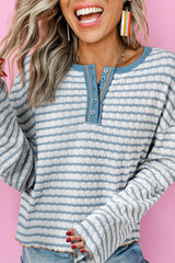 Sky Blue Stripe Textured Frilly Trim Buttons Henley Long Sleeve Top Long Sleeve Tops JT's Designer Fashion