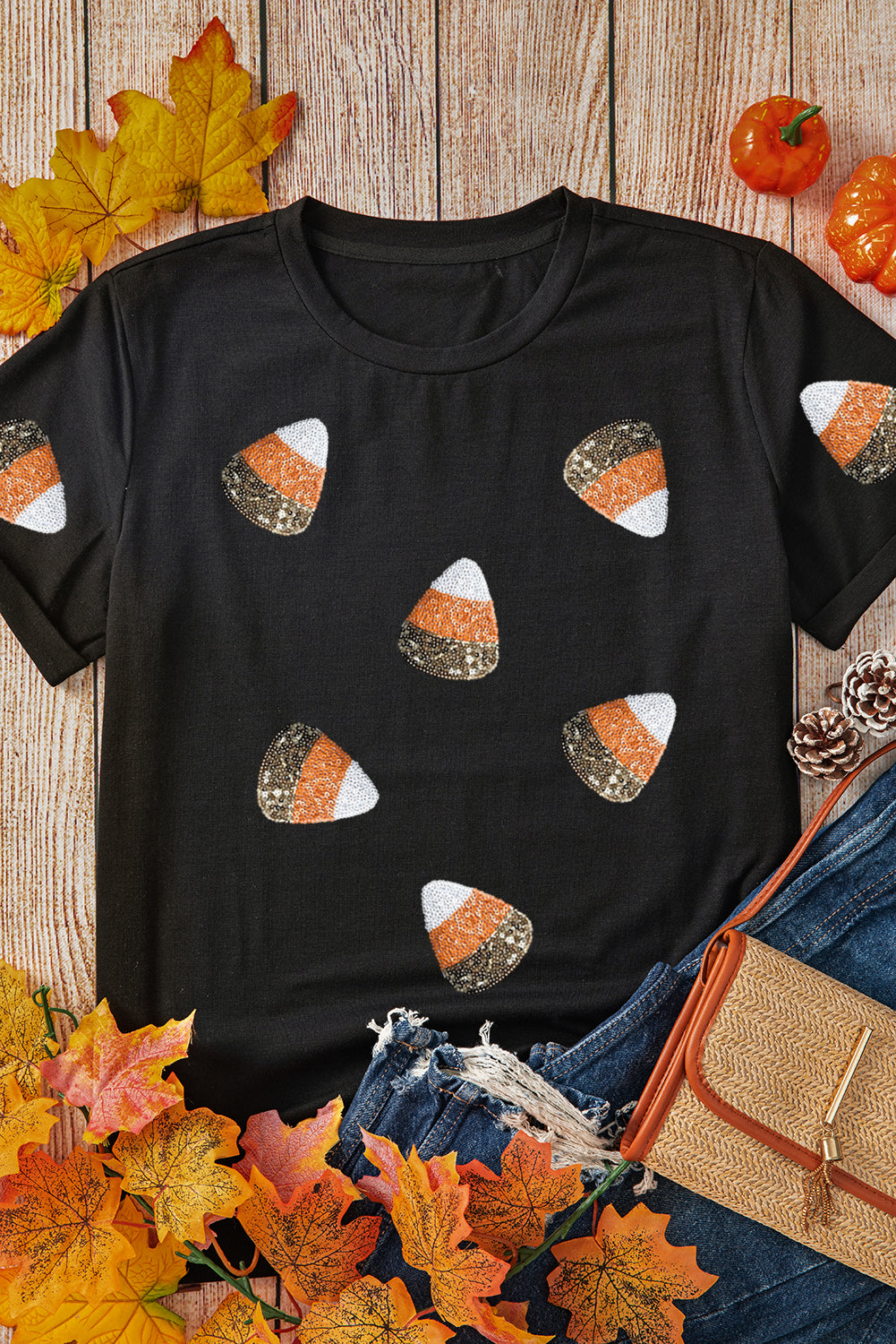 Black Sequin Triangle Patched Pattern Halloween T Shirt Graphic Tees JT's Designer Fashion