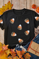 Black Sequin Triangle Patched Pattern Halloween T Shirt Graphic Tees JT's Designer Fashion