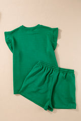 Dark Green Textured Ruffle Split Top and Drawstring Shorts Short Sets JT's Designer Fashion