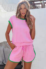 Pink Contrast Trim Cable Textured Shorts Set Short Sets JT's Designer Fashion