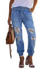 Sky Blue Pocketed Distressed Denim Joggers Jeans JT's Designer Fashion