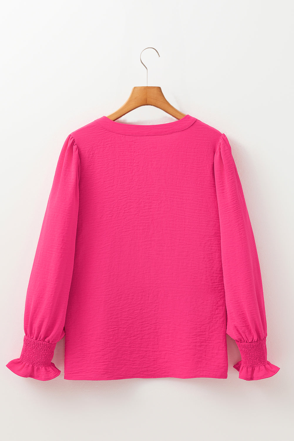 Rose Red Solid Color Shirred Cuff Notch V Neck Blouse Blouses & Shirts JT's Designer Fashion
