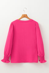 Rose Red Solid Color Shirred Cuff Notch V Neck Blouse Blouses & Shirts JT's Designer Fashion