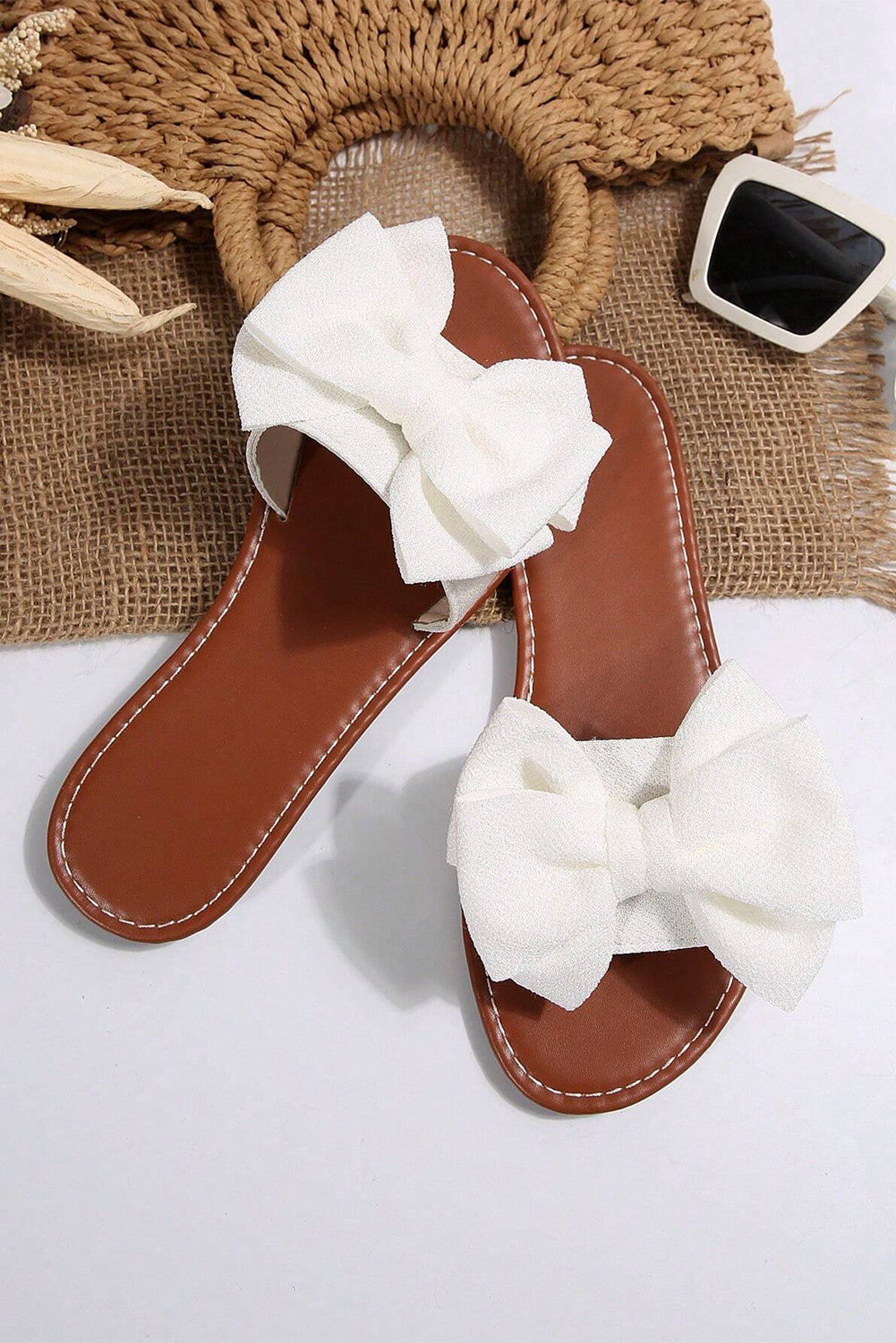 White Bow Knot Decor Leather Insole Flat Slippers Slippers JT's Designer Fashion