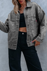 Blue Stripe Washed Oversize Pocketed Denim Jacket Denim Jackets JT's Designer Fashion
