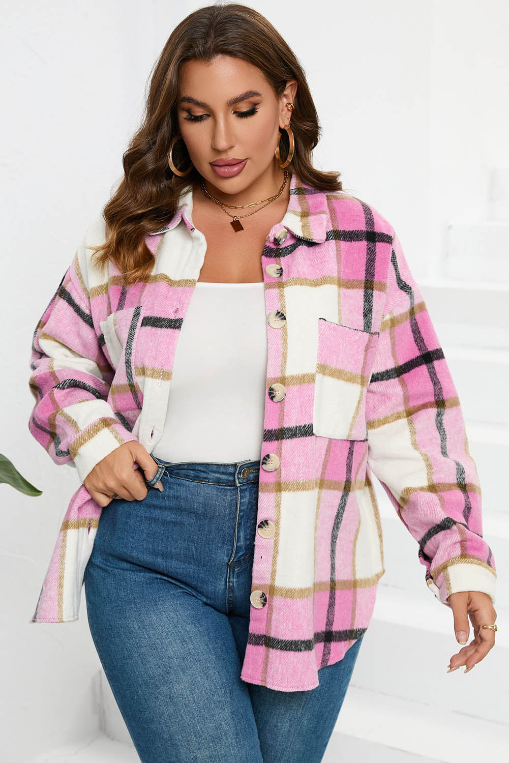 Pink Plaid Color Block Buttoned Long Sleeve Jacket with Pocket Plaid Shackets JT's Designer Fashion
