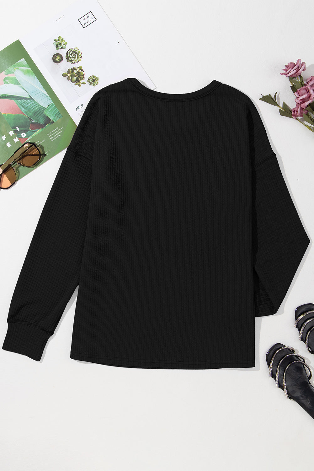 Black Solid Color Corded Drop Shoulder Long Sleeve Top Long Sleeve Tops JT's Designer Fashion