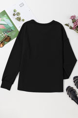 Black Solid Color Corded Drop Shoulder Long Sleeve Top Long Sleeve Tops JT's Designer Fashion