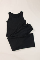 Black Crinkled U Neck Tank Top and Wide Leg Pants Set Pant Sets JT's Designer Fashion