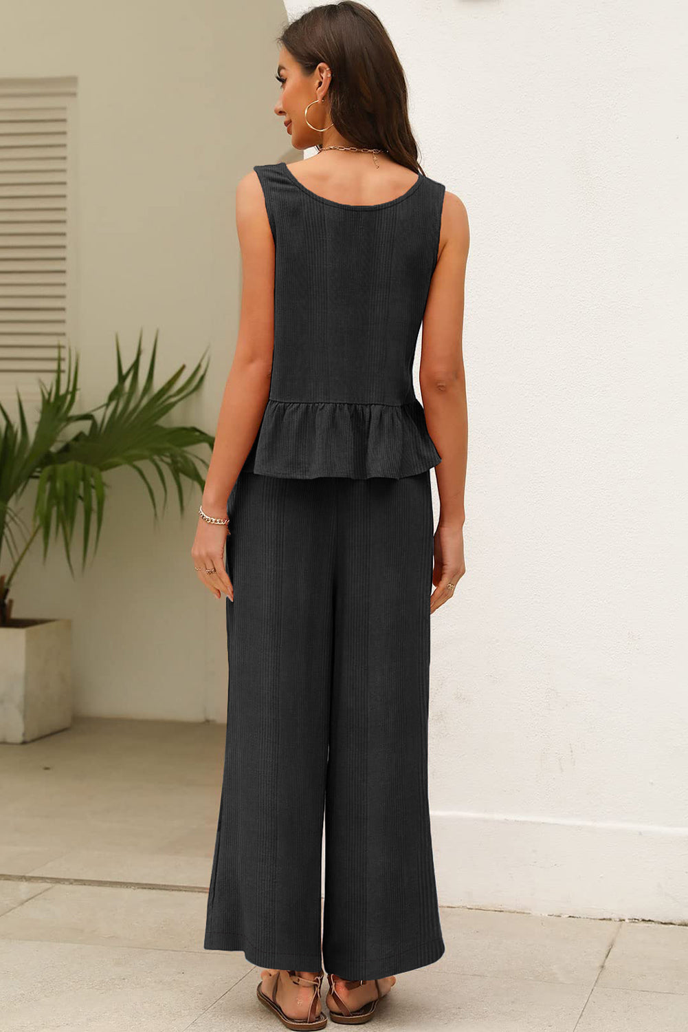 Black Solid Color Ribbed Ruffle Tank Top and Pants Set Pant Sets JT's Designer Fashion