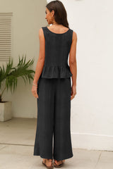 Black Solid Color Ribbed Ruffle Tank Top and Pants Set Pant Sets JT's Designer Fashion