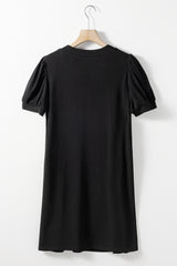 Black Notched Neck Pleated Puff Sleeve Shift T-shirt Dress T Shirt Dresses JT's Designer Fashion