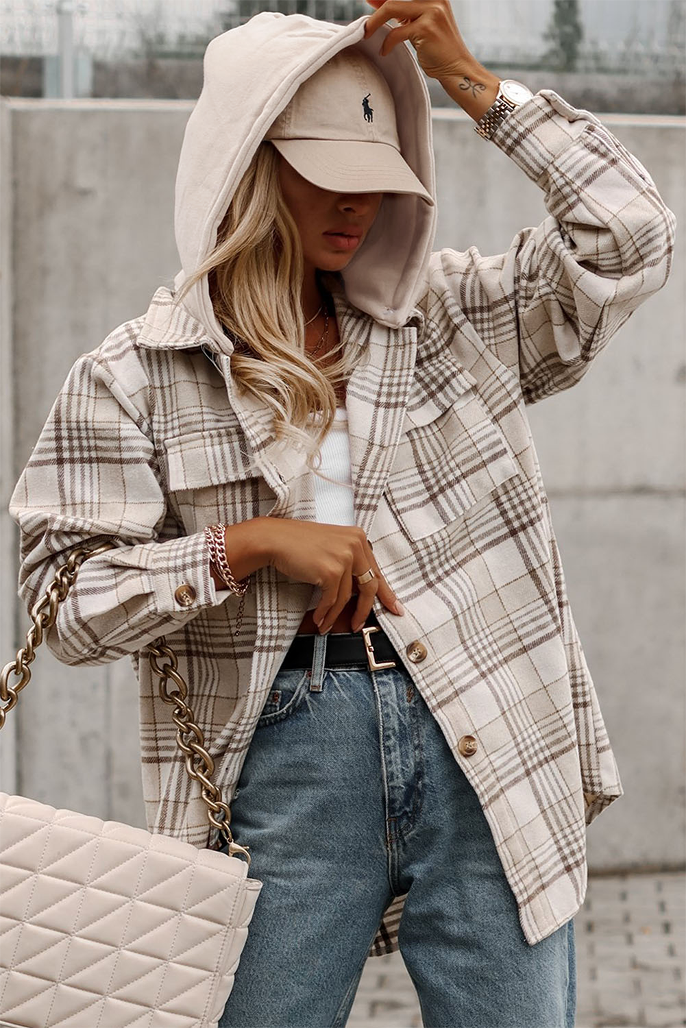 Khaki Plaid Removable Hood Buttoned Shacket Plaid Shackets JT's Designer Fashion
