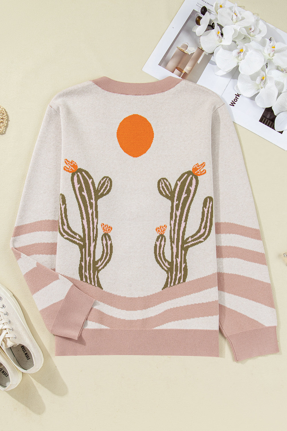 Apricot Western Desert Cactus Print Plus Size Button Cardigan Sweater Plus Size Sweaters & Cardigans JT's Designer Fashion
