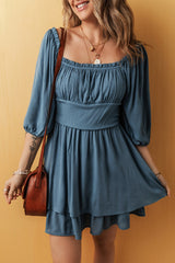 Real Teal Frilled Neckline 3/4 Sleeve Layered Ruched Mini Dress Mini Dresses JT's Designer Fashion