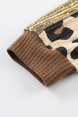 Brown Leopard Splicing Waffle Knit V Neck Top Long Sleeve Tops JT's Designer Fashion