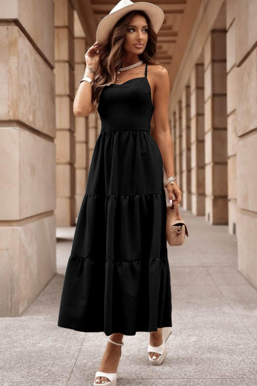 Black Crossover Backless Bodice Tiered Maxi Dress Dresses JT's Designer Fashion