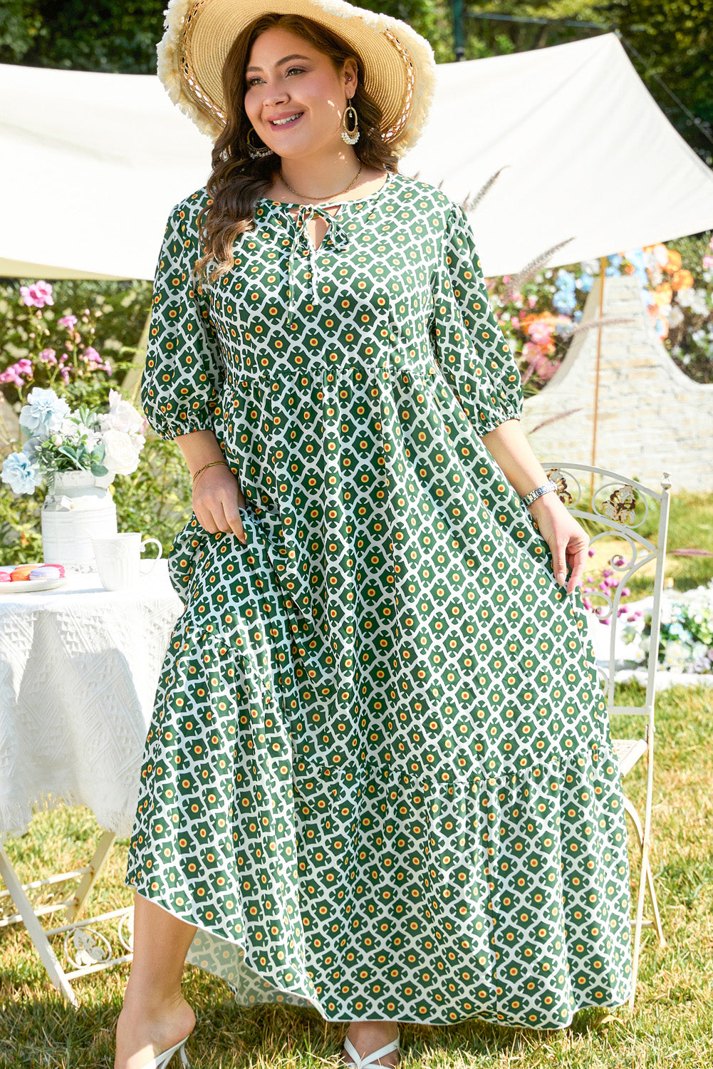 Green Geometric Floral Print Half Sleeve Plus Size Maxi Dress Green 100%Polyester Plus Size Maxi Dresses JT's Designer Fashion