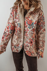 Beige Vintage Paisley Floral Printed Sherpa Lined Hooded Jacket Jackets JT's Designer Fashion