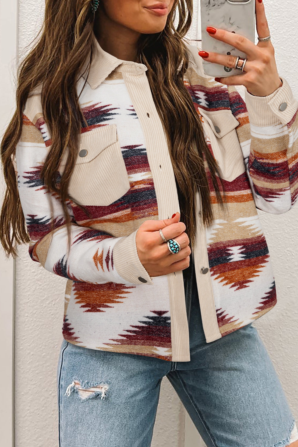 Multicolour Western Aztec Striped Patchwork Double Flap Pocket Raw Hem Shacket Multicolour 100%Polyester Jackets JT's Designer Fashion