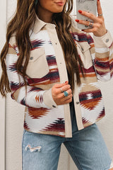 Multicolour Western Aztec Striped Patchwork Double Flap Pocket Raw Hem Shacket Multicolour 100%Polyester Jackets JT's Designer Fashion
