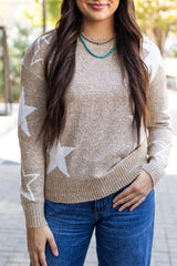 Khaki Star Pattern Drop Shoulder Sweater Sweaters JT's Designer Fashion