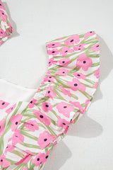 Pink Floral Print Square Neck Ruffled Strap Maxi Dress Floral Dresses JT's Designer Fashion