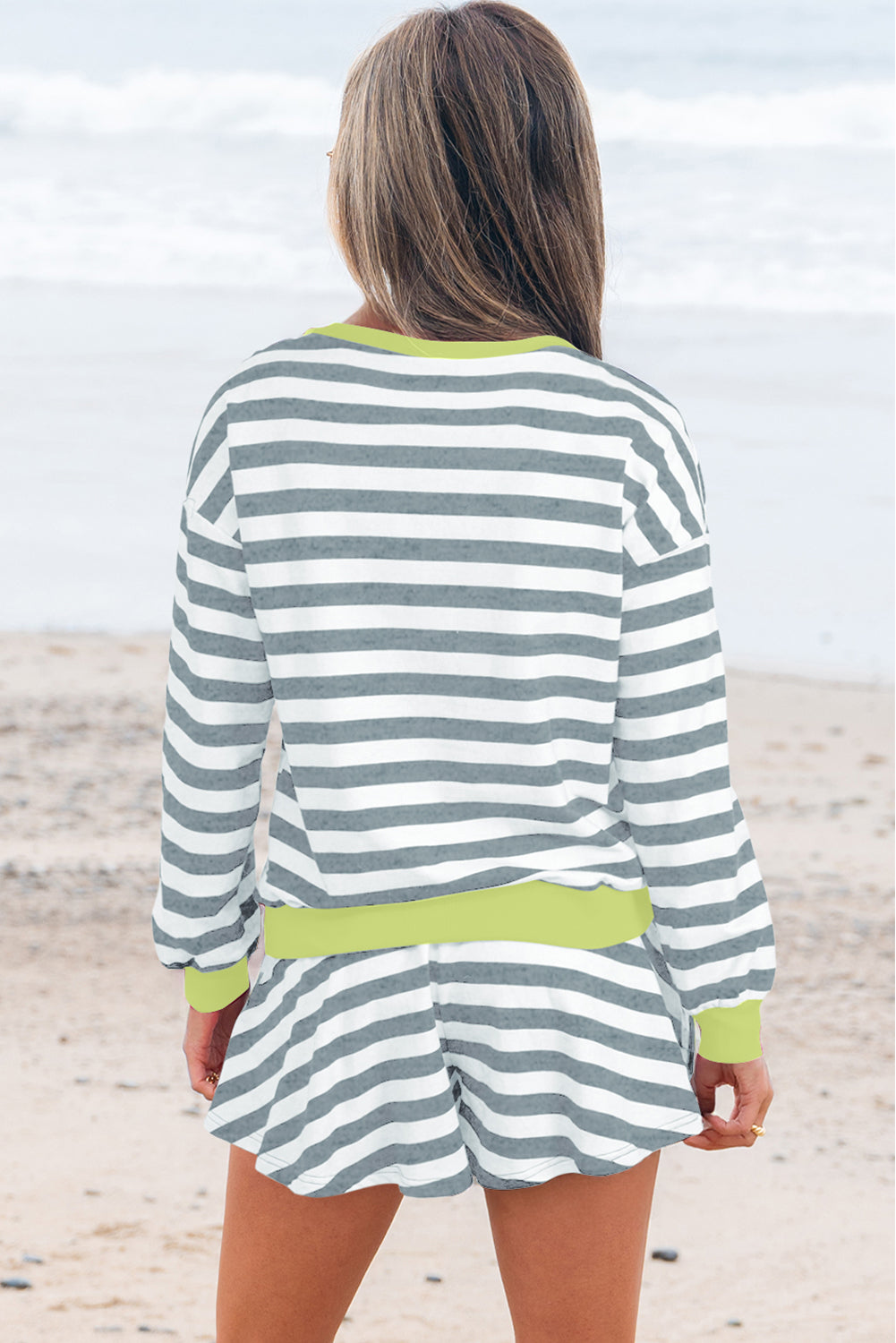 Gray Stripe Contrast Ribbed Banding Long Sleeve Blouse Loose Shorts Set Short Sets JT's Designer Fashion