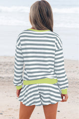 Gray Stripe Contrast Ribbed Banding Long Sleeve Blouse Loose Shorts Set Short Sets JT's Designer Fashion