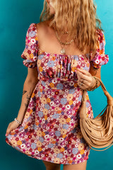 Red Floral Puff Sleeve Square Neck Knot Open Back Mini Dress Red 100%Polyester Floral Dresses JT's Designer Fashion