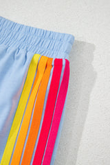 Beau Blue Color Block Stripes Elastic High Waist Active Shorts Casual Shorts JT's Designer Fashion