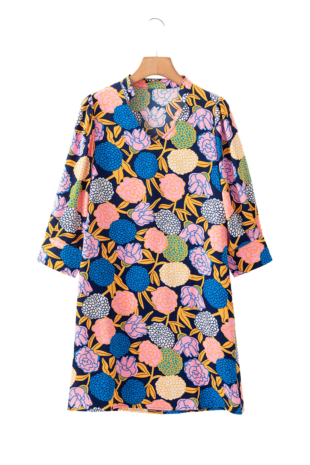 Navy Blue Hydrangea Floral Print Bishop Sleeve V Neck Shift Dress Floral Dresses JT's Designer Fashion