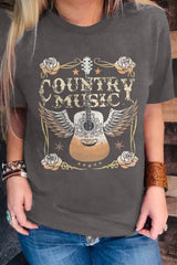 Gray COUNTRY MUSIC Guitar Graphic Print Crew Neck T Shirt Graphic Tees JT's Designer Fashion
