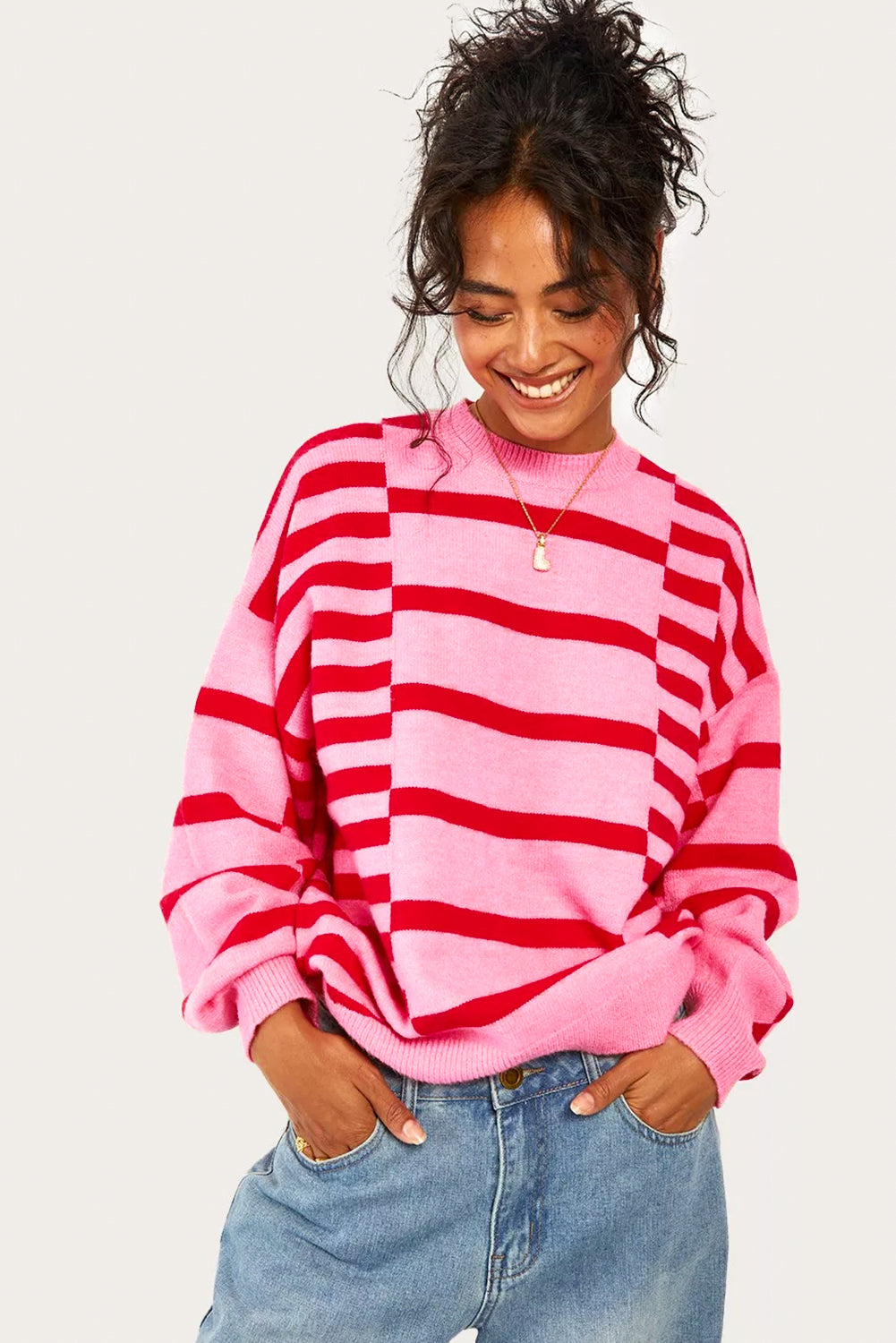 Pink Stripe Bubble Sleeve Drop Shoulder Ribbed Trim Sweater Sweaters JT's Designer Fashion