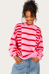 Pink Stripe Bubble Sleeve Drop Shoulder Ribbed Trim Sweater Sweaters JT's Designer Fashion