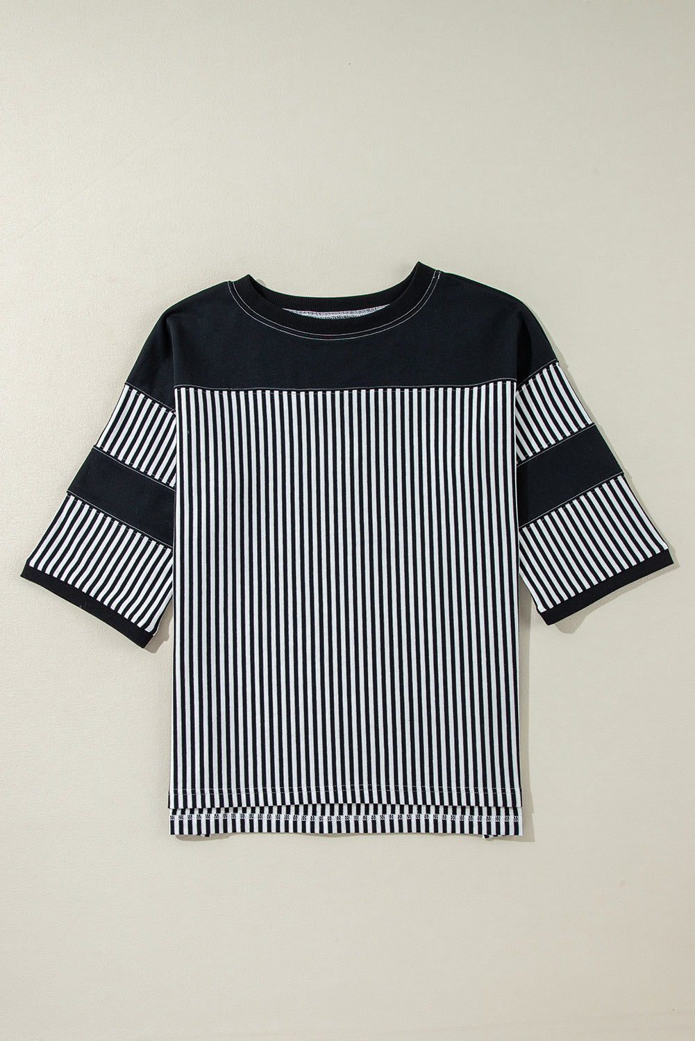 Black White Striped Patchwork 3/4 Sleeve Oversize Top Long Sleeve Tops JT's Designer Fashion