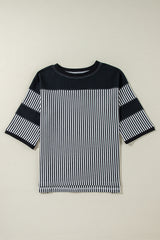 Black White Striped Patchwork 3/4 Sleeve Oversize Top Long Sleeve Tops JT's Designer Fashion