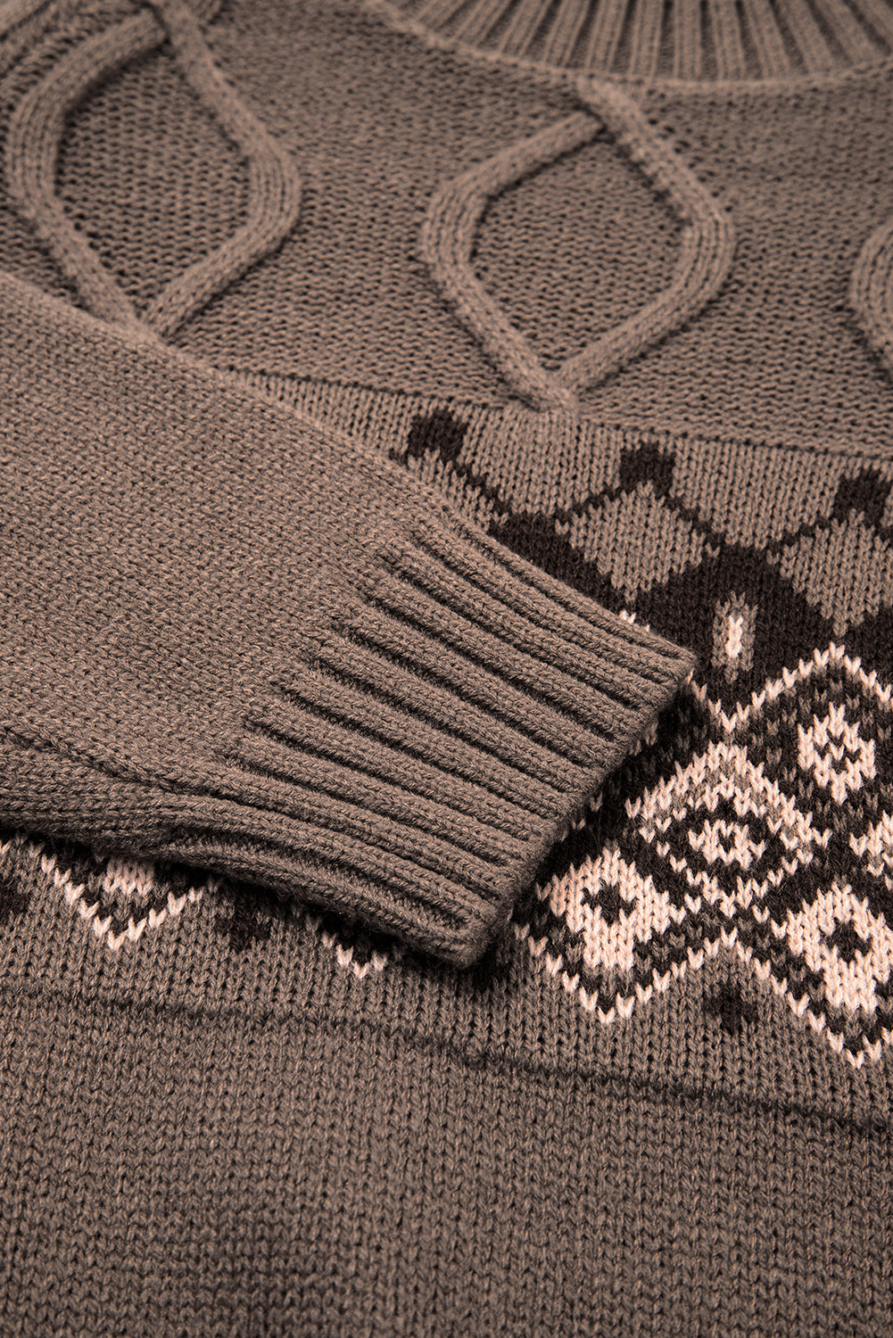 Light French Beige Western Geometric Patterned Crew Neck Knitted Sweater Sweaters JT's Designer Fashion
