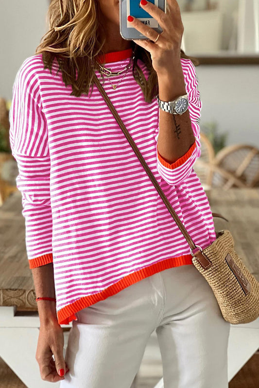 Pink Contrast Trimmed Striped Drop Shoulder Sweater Pink 100%Cotton Sweaters JT's Designer Fashion