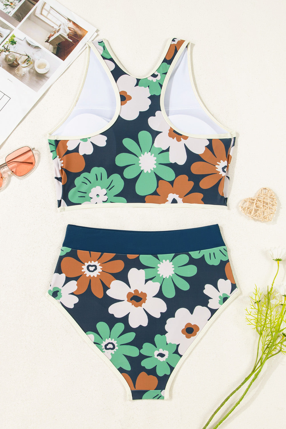 Blue Flower Zip up Racerback High Waisted Bikini Bikinis JT's Designer Fashion