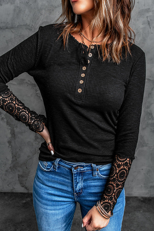 Black Crochet Lace Hem Sleeve Button Top Long Sleeve Tops JT's Designer Fashion