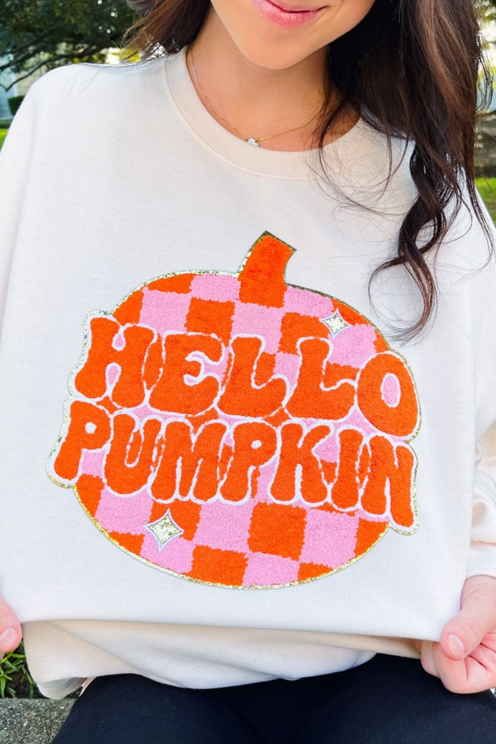 White Terry Halloween Pumpkin Patched Pattern Pullover Sweatshirt Sweatshirts & Hoodies JT's Designer Fashion