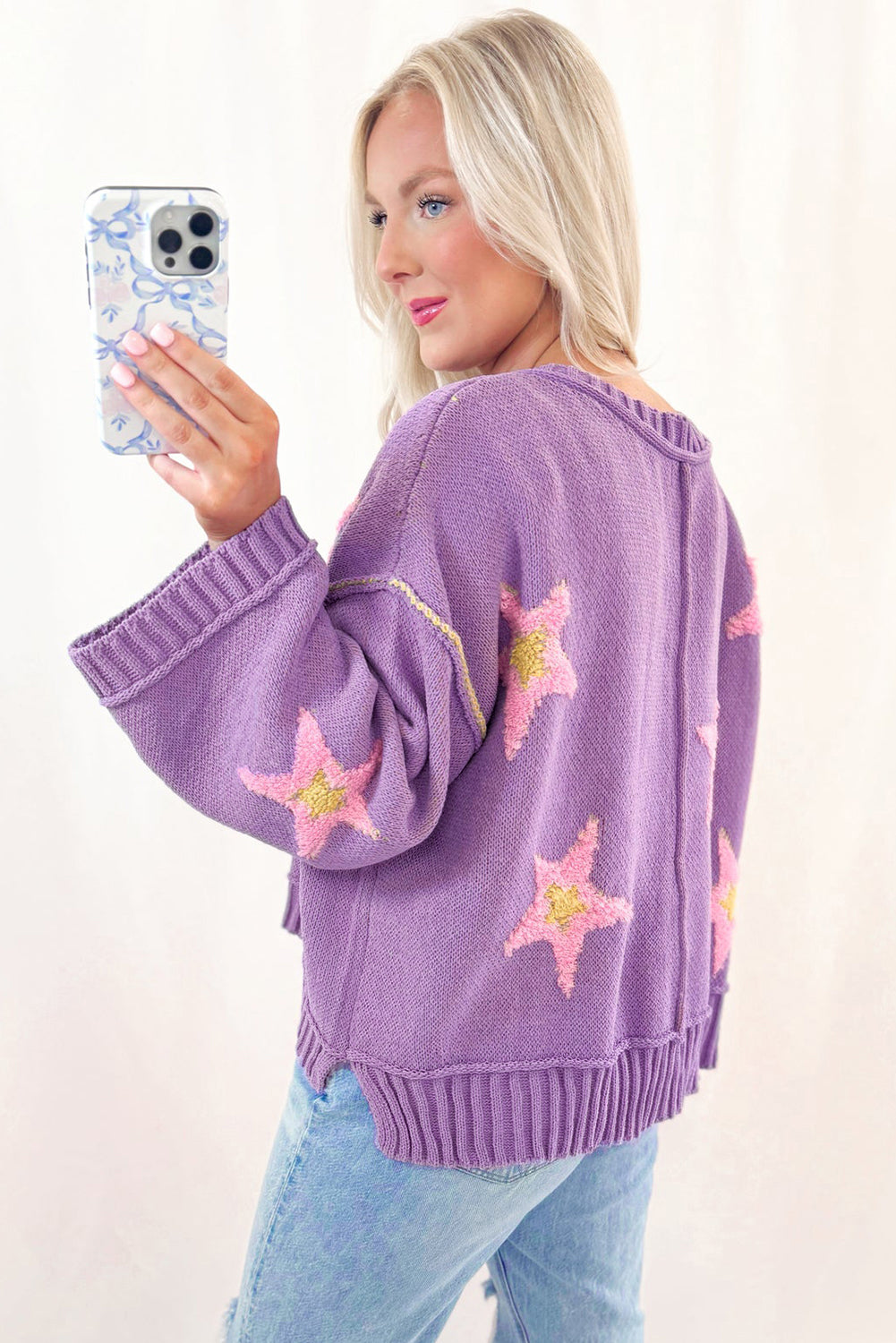 Lavendula Brushed Star Graphic V Neck Drop Shoulder Oversize Sweater Sweaters JT's Designer Fashion