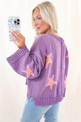 Lavendula Brushed Star Graphic V Neck Drop Shoulder Oversize Sweater Sweaters JT's Designer Fashion